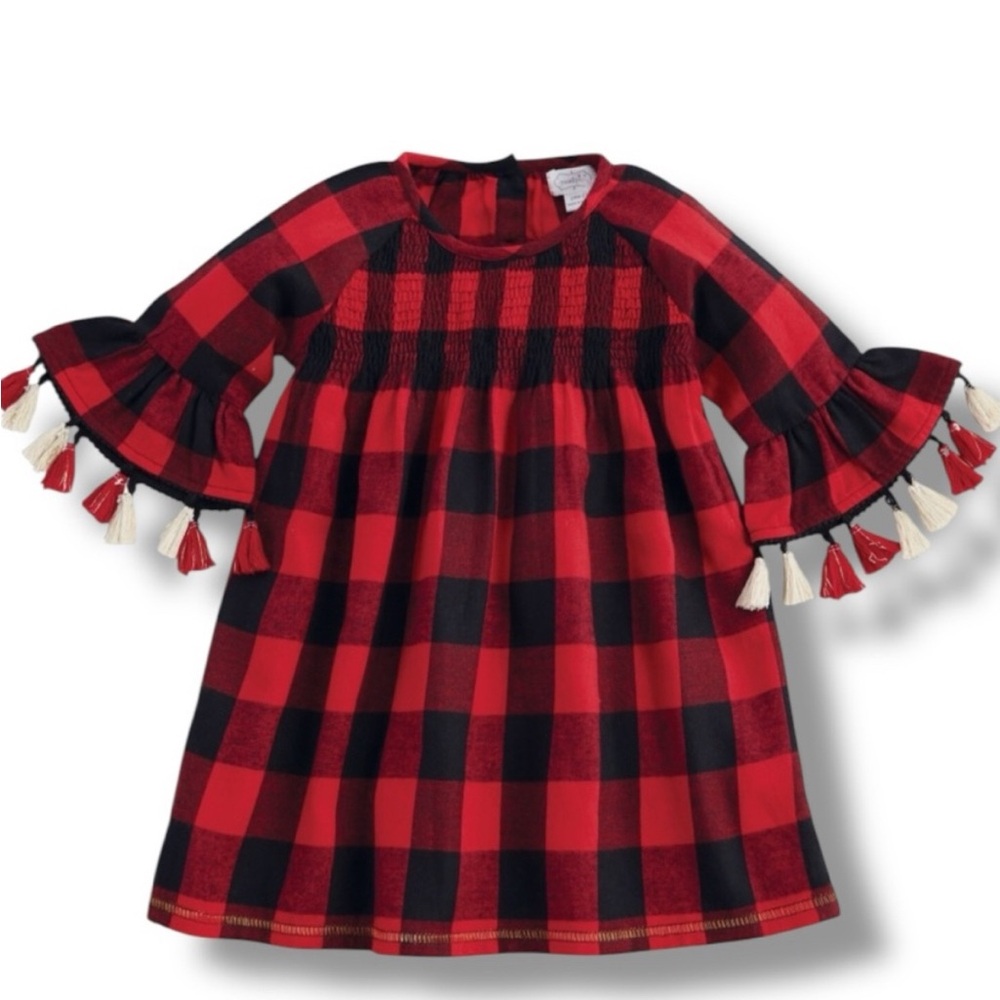 Mudpie red and black plaid dress with tassel details at sleeves - size 24m /2T